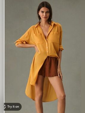 Anthropologie Golden Yellow Button-Front Long Tunic Shirt 1211